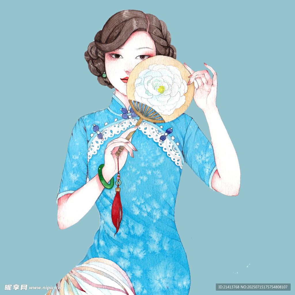 旗袍女子持扇优雅姿态