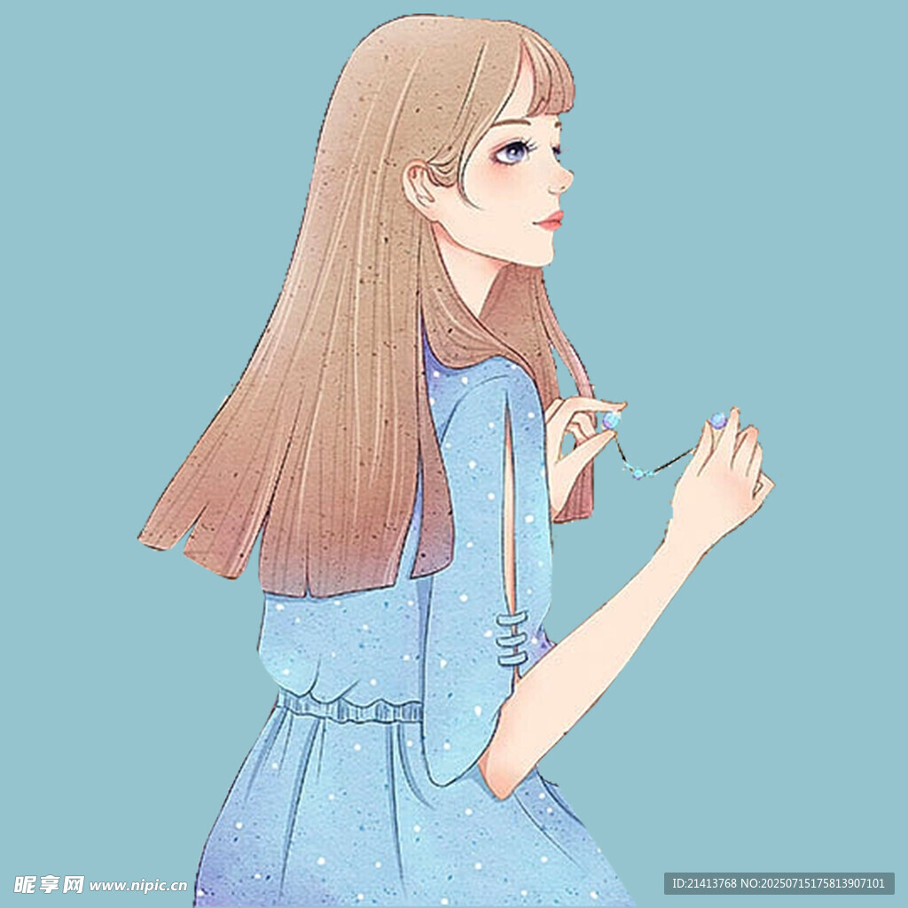 长发蓝衣女孩优雅姿态