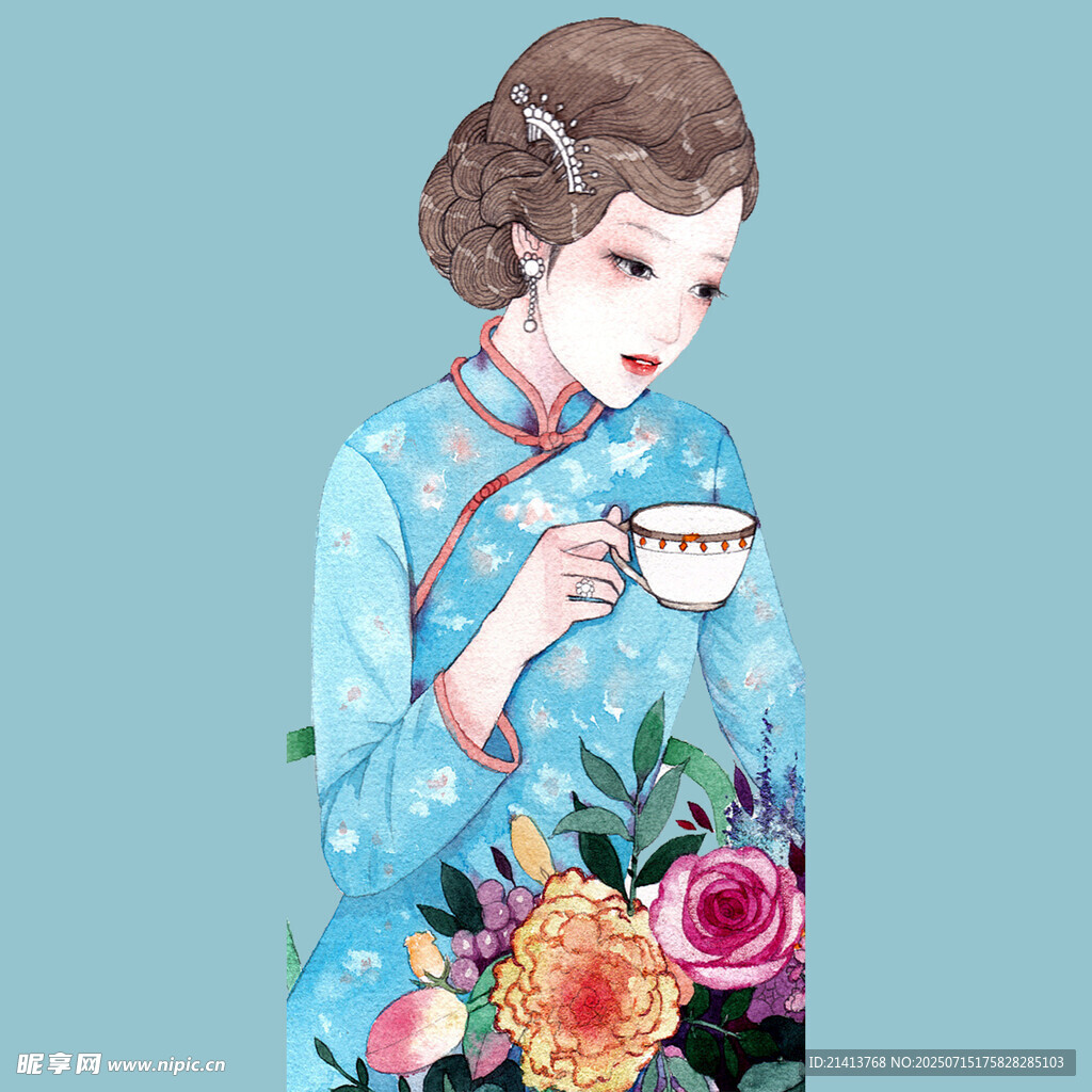 旗袍女子优雅品茶