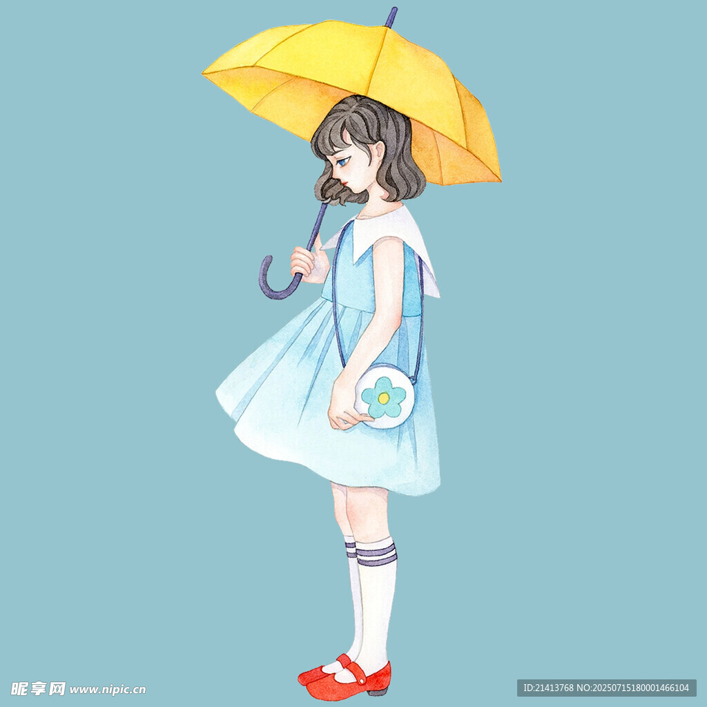撑黄伞的清新少女