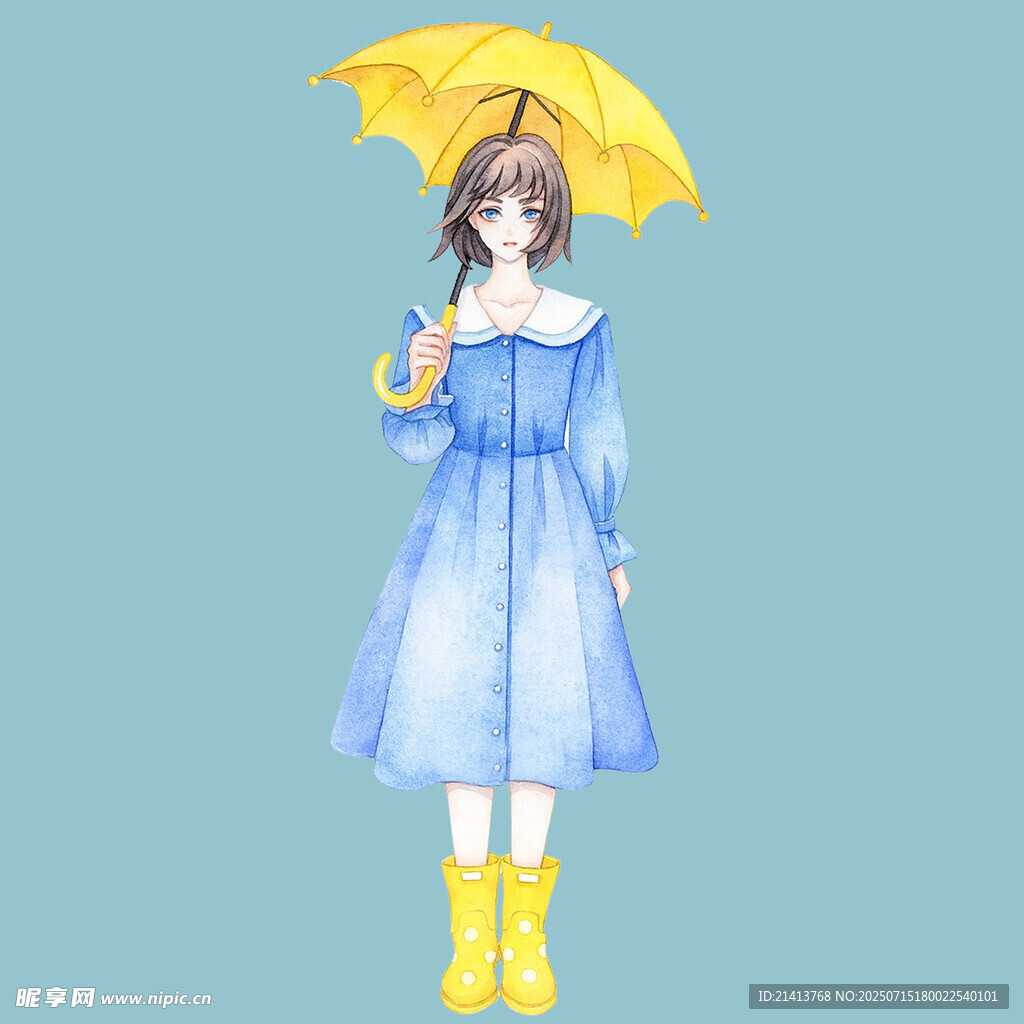 撑黄伞穿蓝裙的雨中女孩