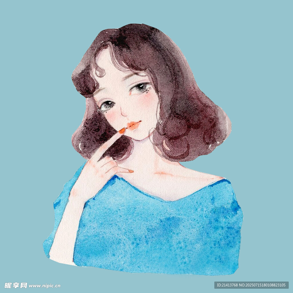 蓝裙卷发女孩俏皮模样