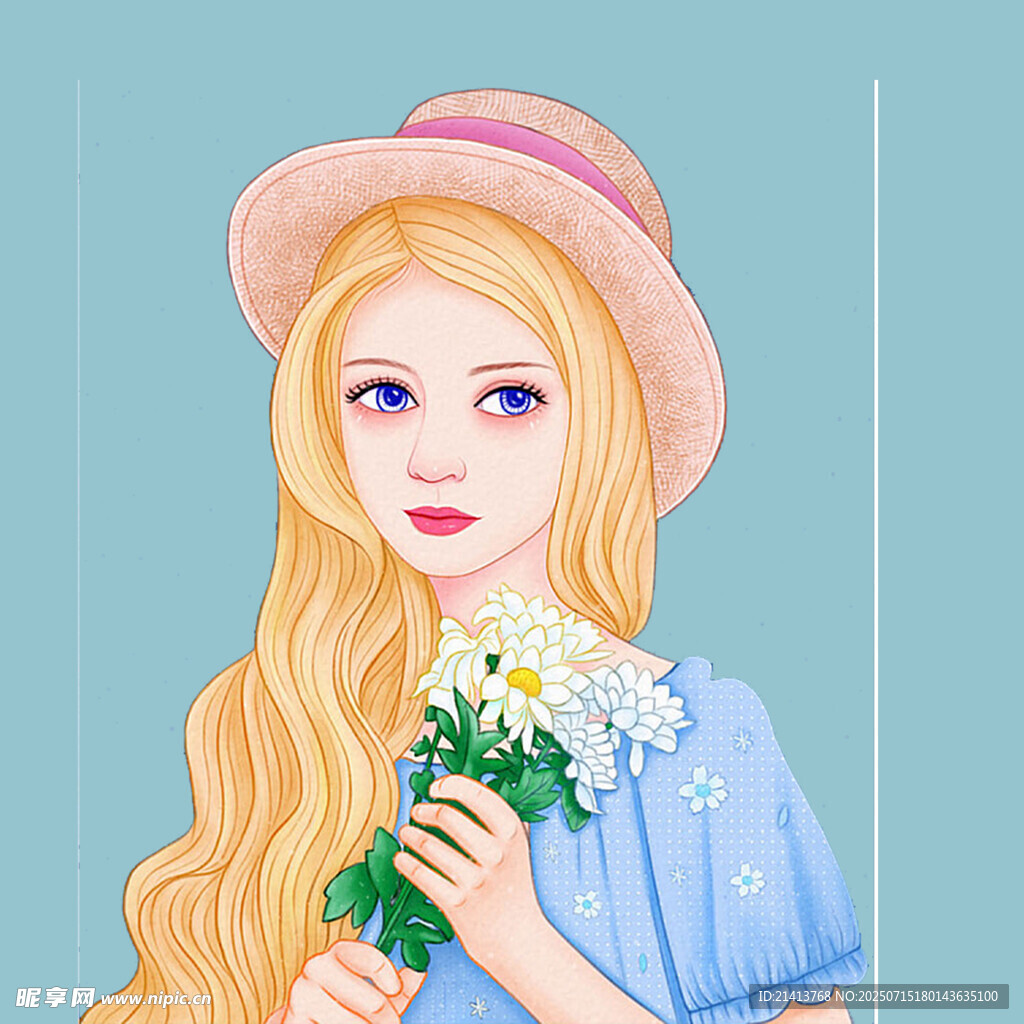 持花金发少女插画