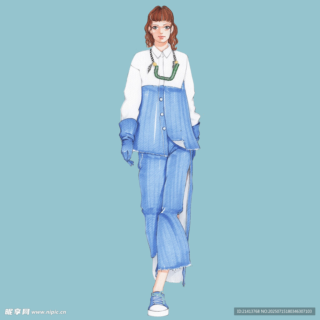 时尚蓝白穿搭女性