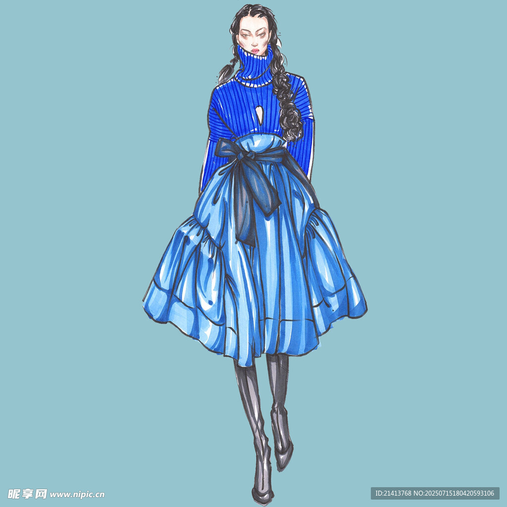 蓝裙女子时尚服饰设计图