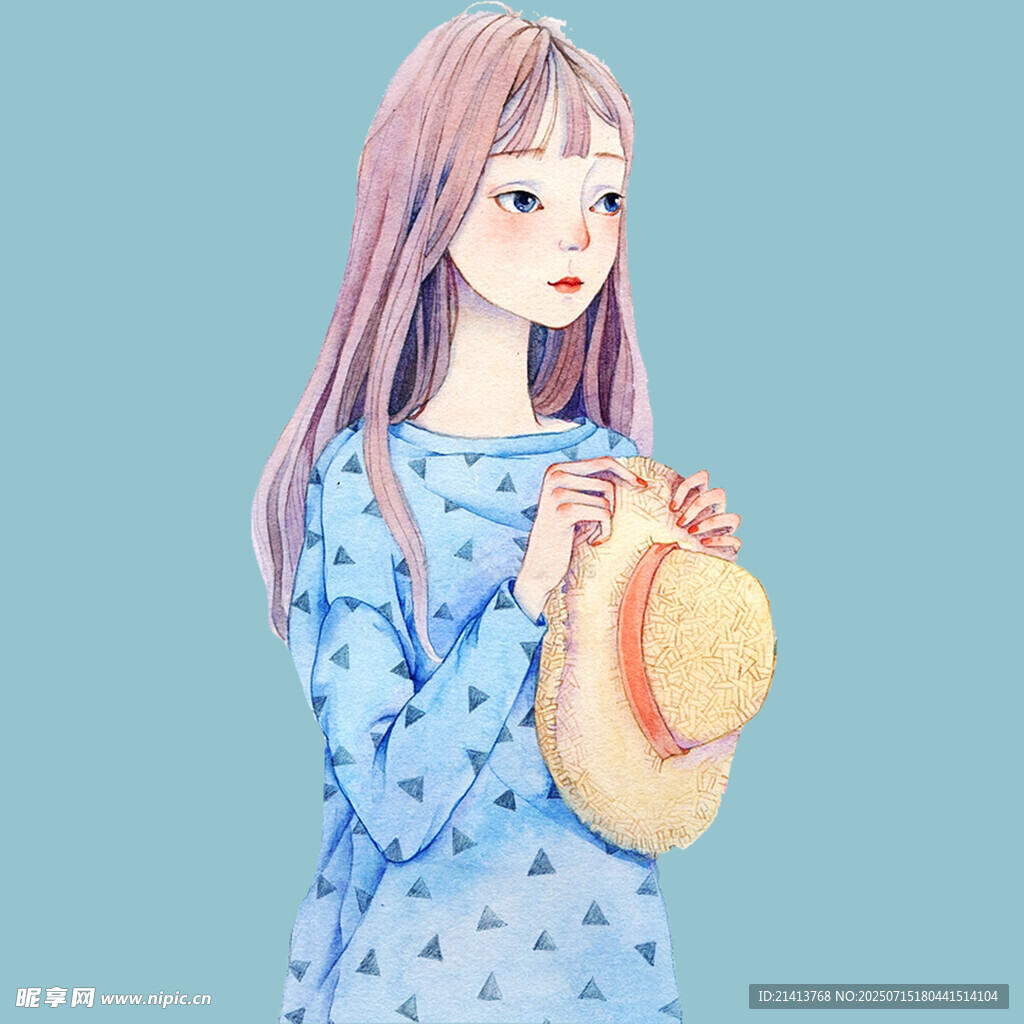 蓝裙少女手持草帽
