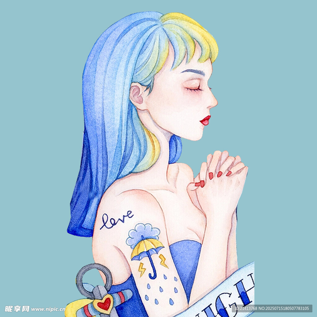 蓝发少女闭眼虔诚祈祷