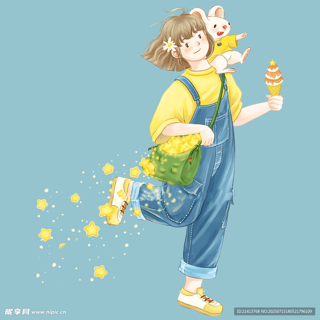 女孩背小兔玩偶快乐奔跑