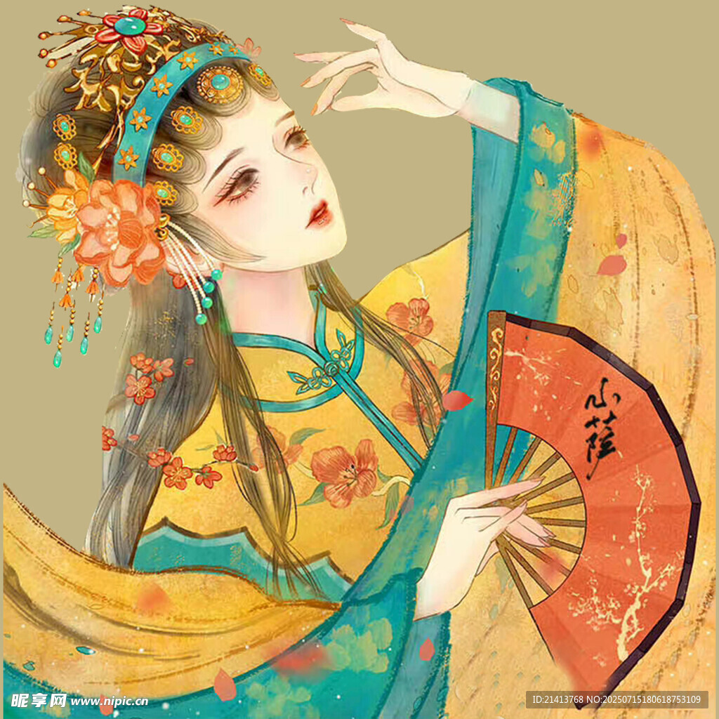 古典戏曲佳人持扇图