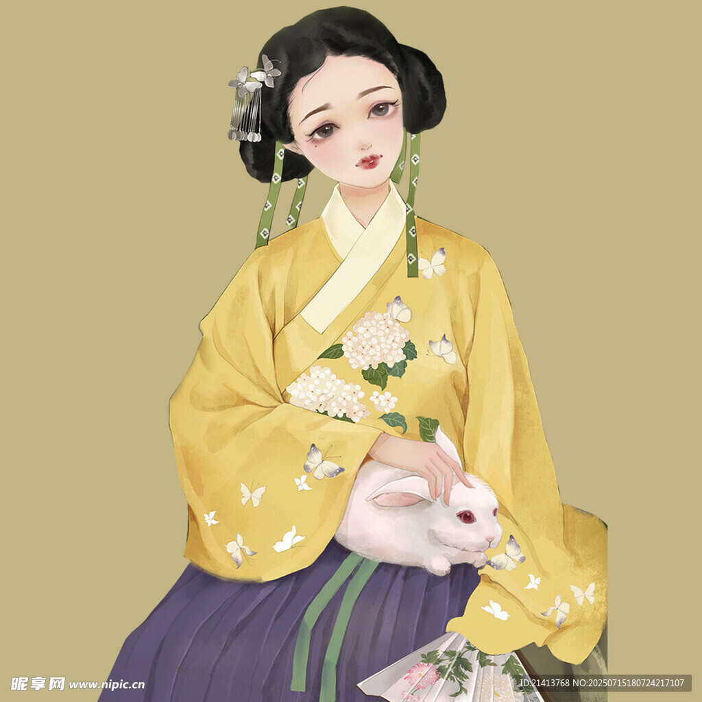 古风女子持兔穿汉服
