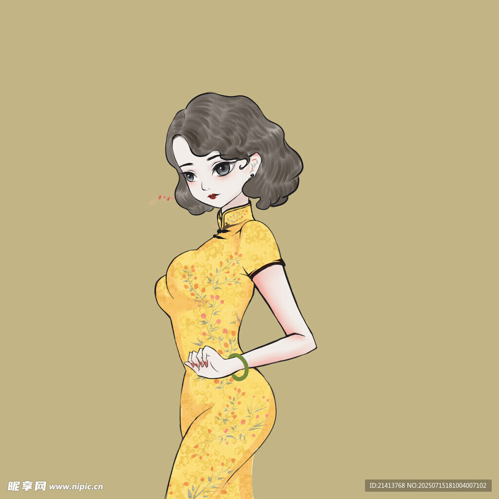 复古旗袍女子优雅侧立