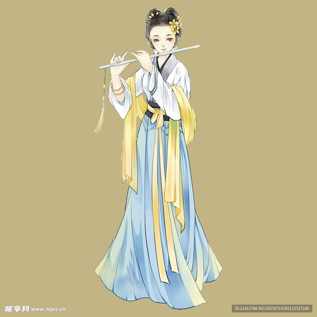 古风女子吹笛图