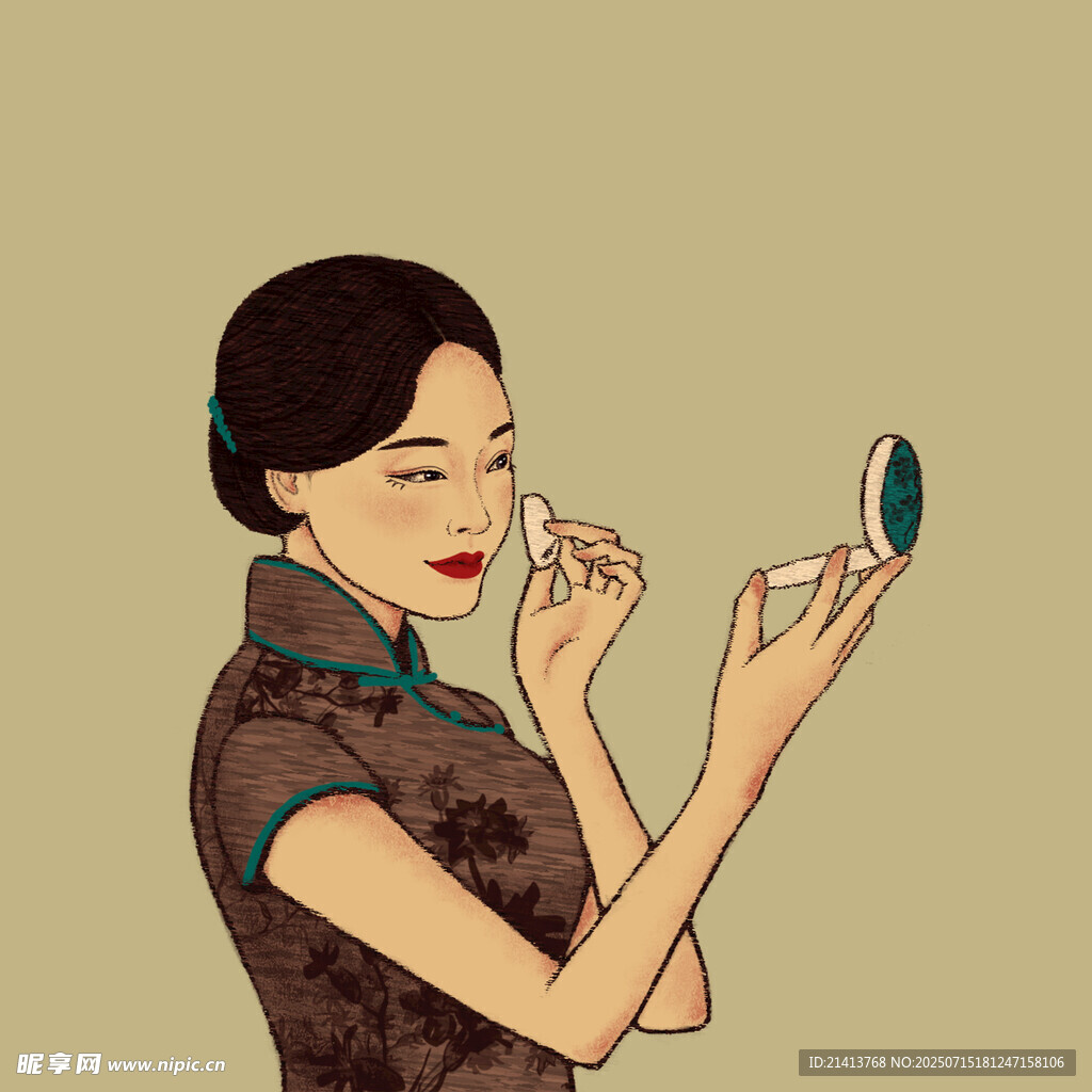 旗袍女子对镜补妆