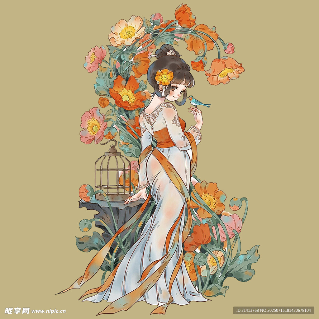 古风美人伴繁花与鸟笼