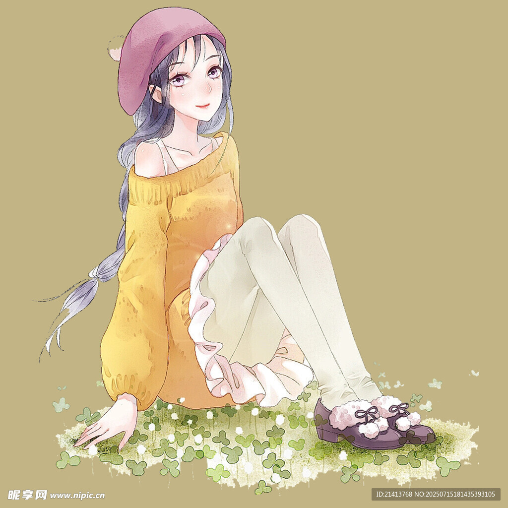 坐于草地的紫发动漫少女