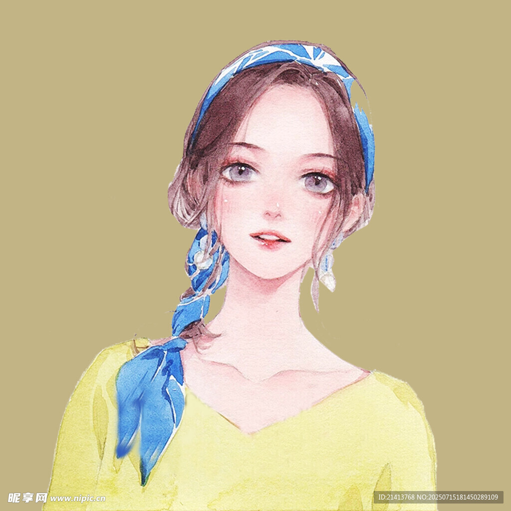 扎蓝辫穿黄衣的美丽女孩