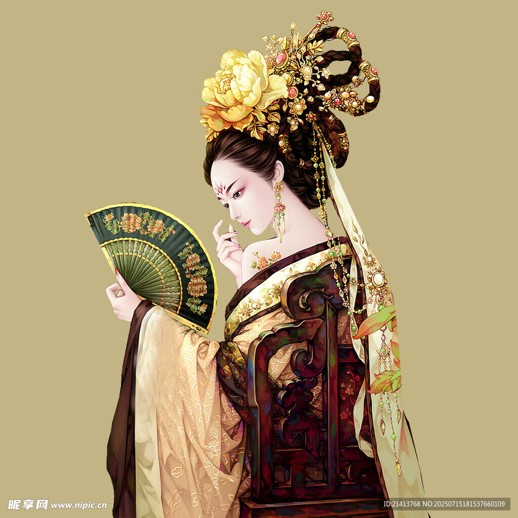 古典华服女子持扇赏景