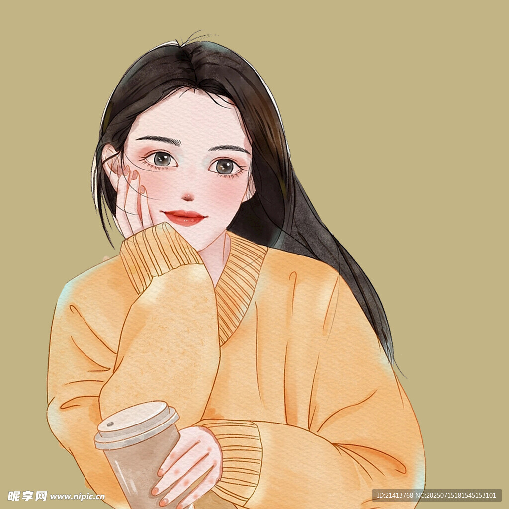 手持咖啡的温柔长发女子