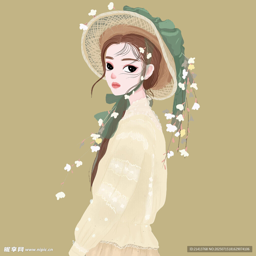古风少女戴帽持花侧颜图