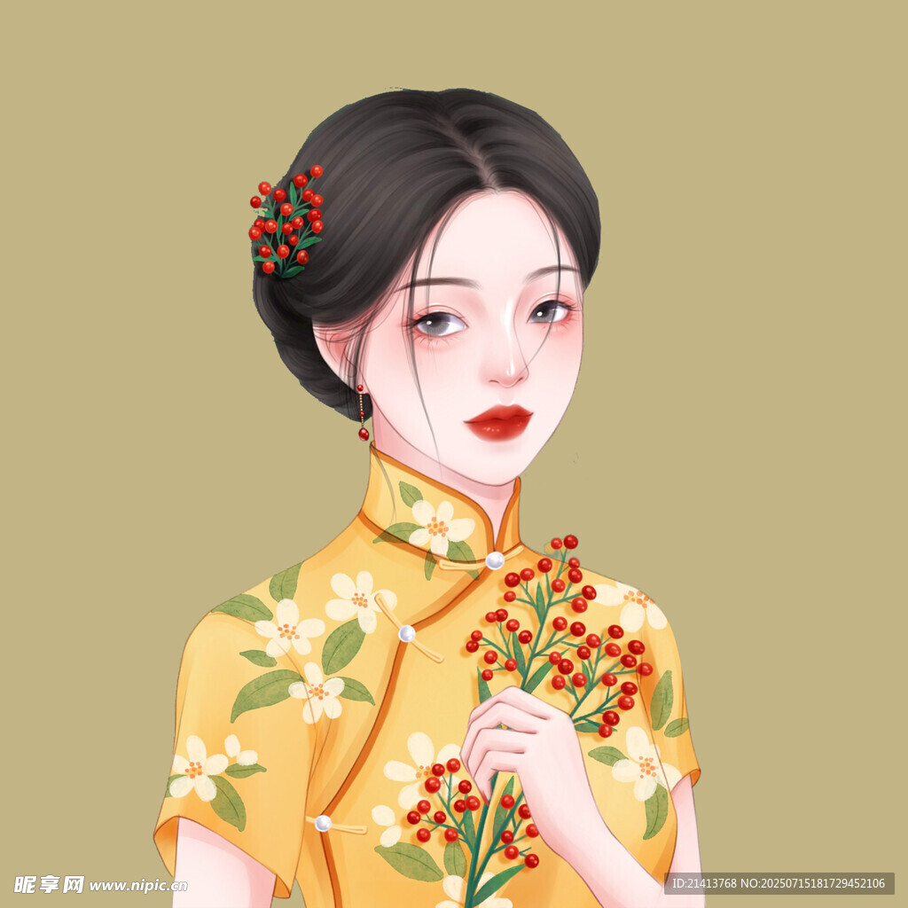 旗袍佳人手持红果