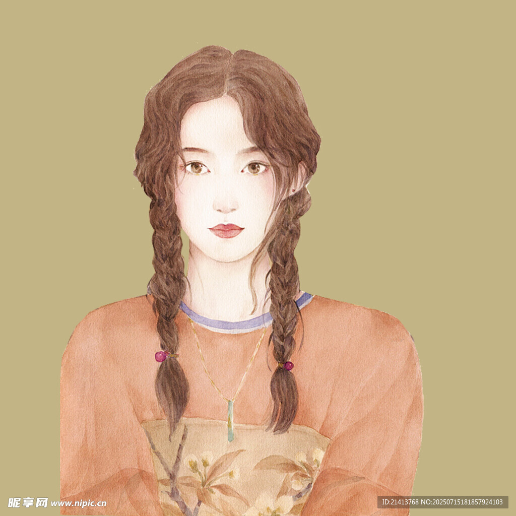 双麻花辫女孩古风插画