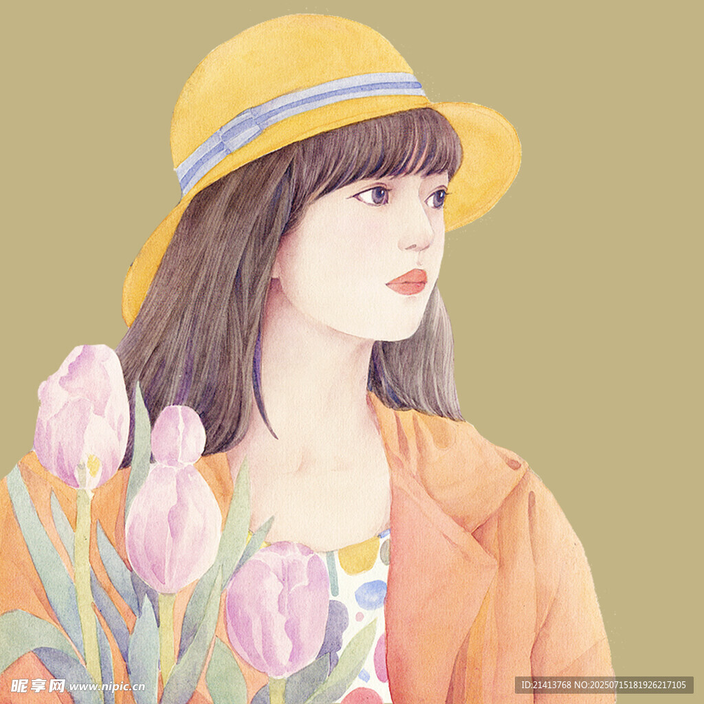 戴黄帽持花的清新女孩