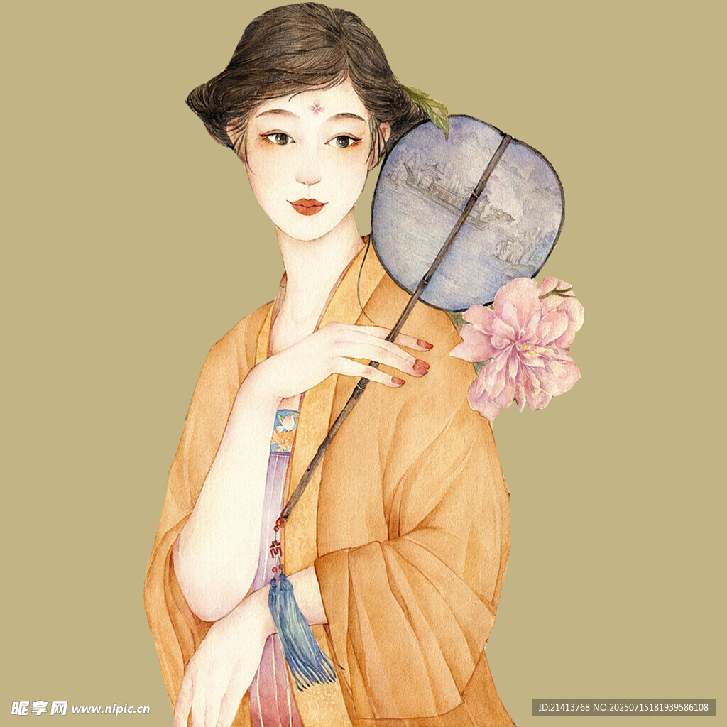 复古旗袍女子持扇图