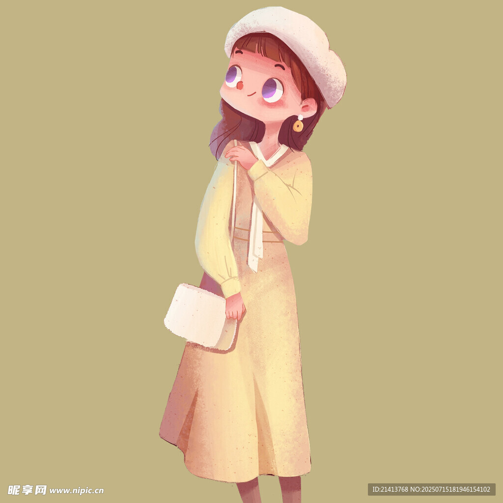 戴帽提包的清新少女
