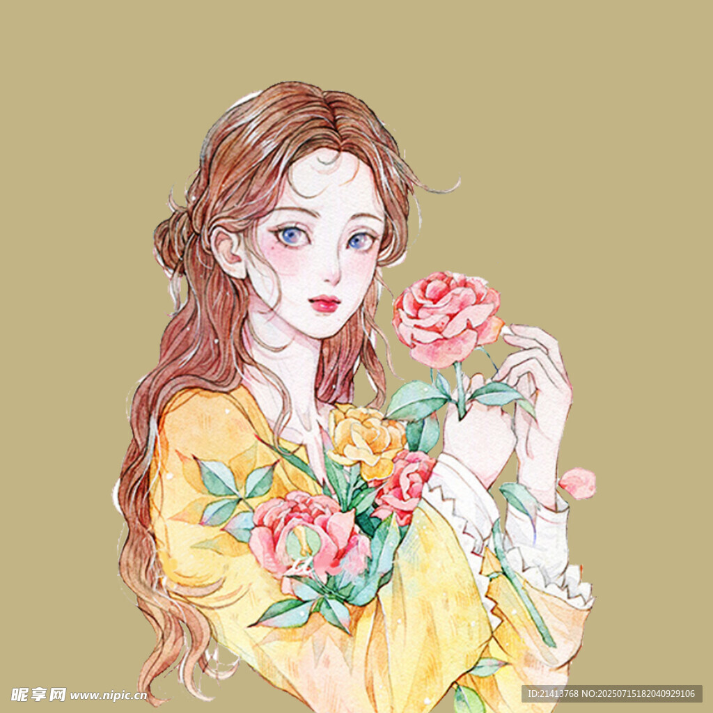 古风女子手持娇艳花卉