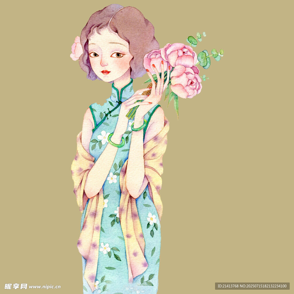 旗袍少女手持娇艳花朵