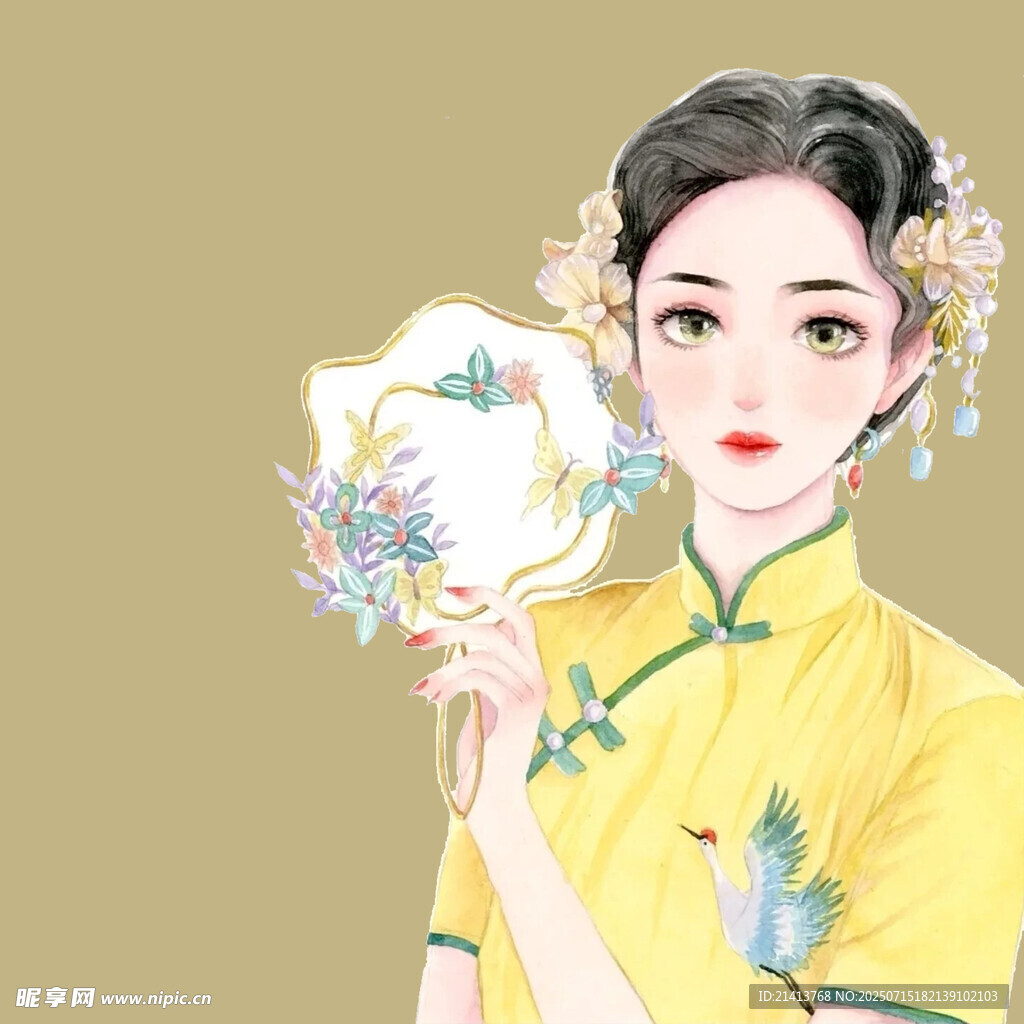 古典旗袍女子持扇