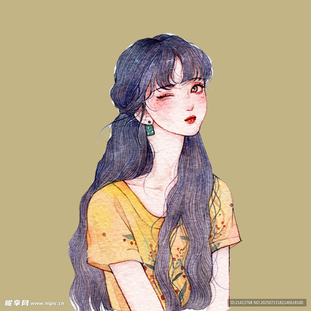长发黄衣少女插画