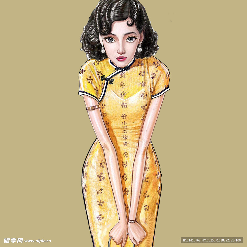 复古旗袍女子优雅姿态