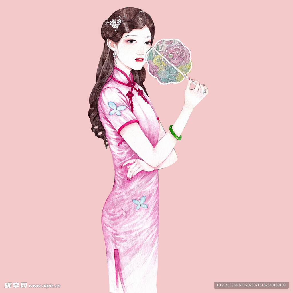 古典旗袍女子手持彩扇