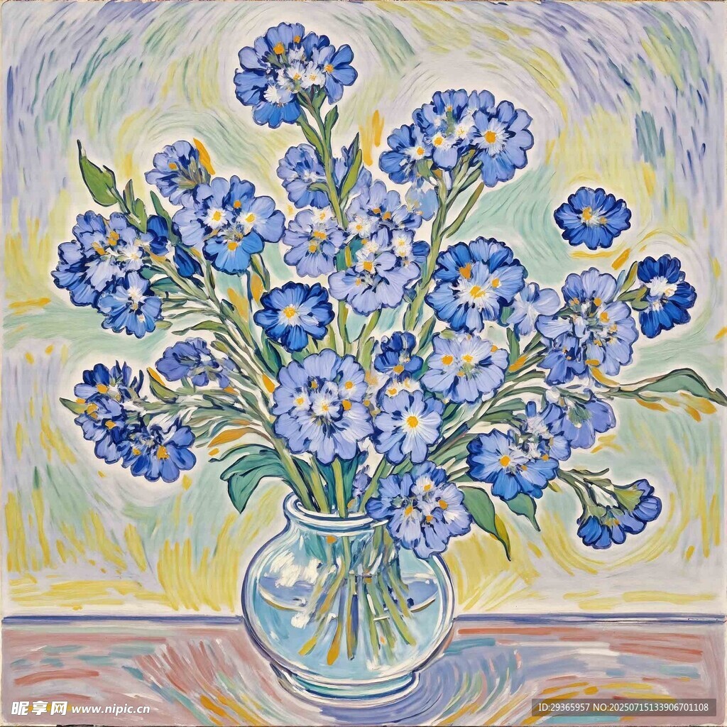 蓝色花卉插于透明花瓶中
