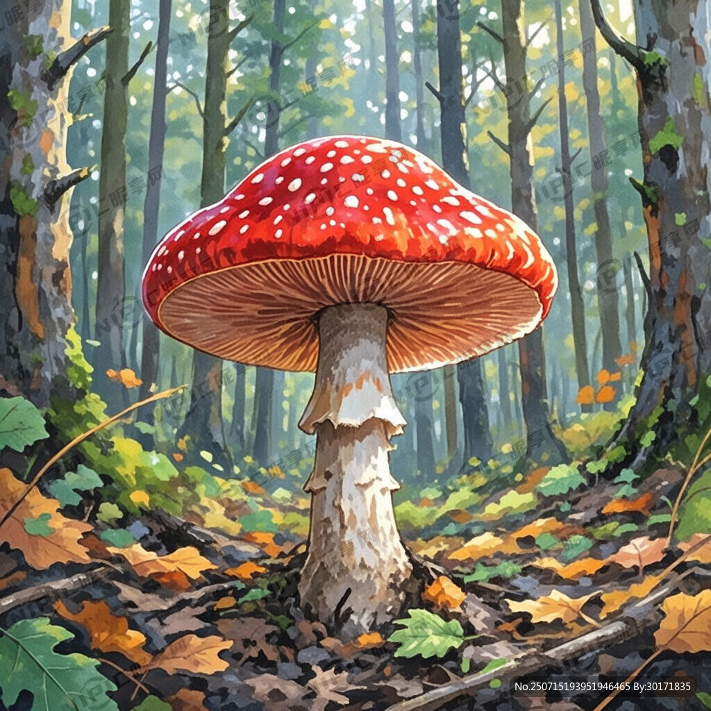 一个红蘑菇手绘插画