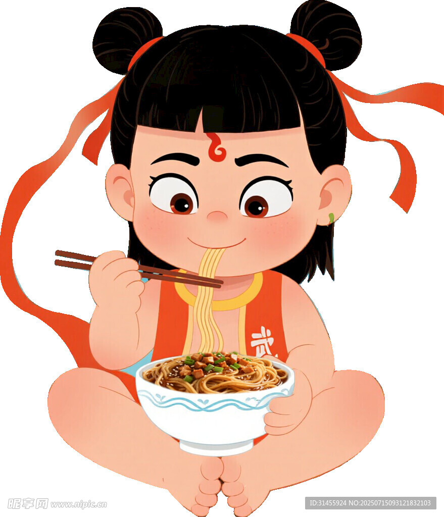 扎辫女孩开心吃面食