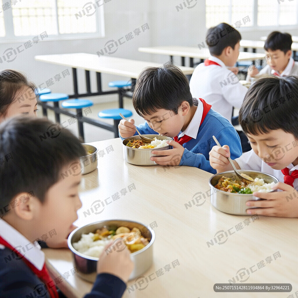 小学生们用不锈钢饭盒在食堂吃中
