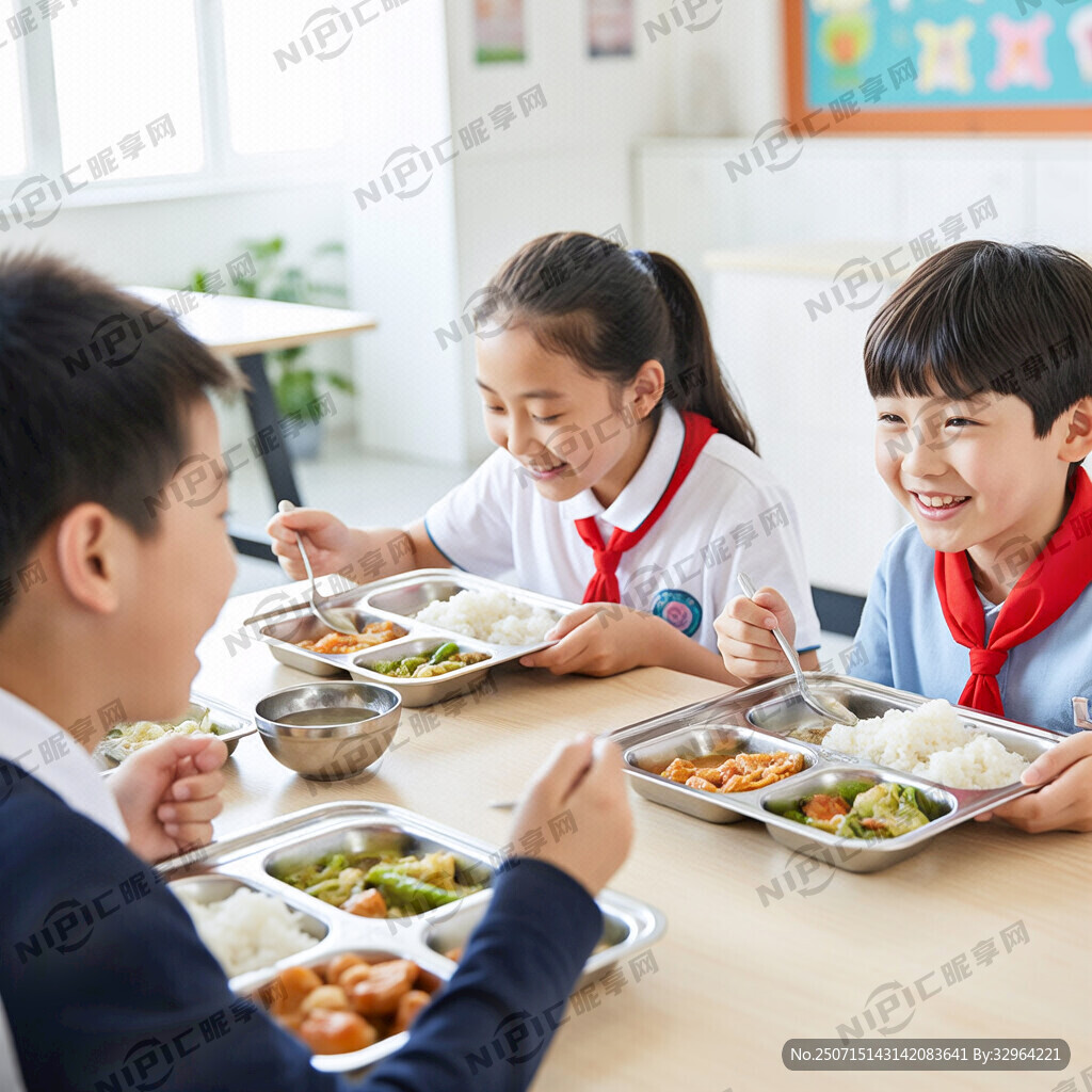 小学生们用不锈钢餐盘在食堂吃丰