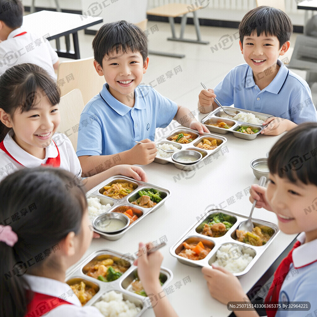 小学生们用不锈钢餐盘在食堂吃丰