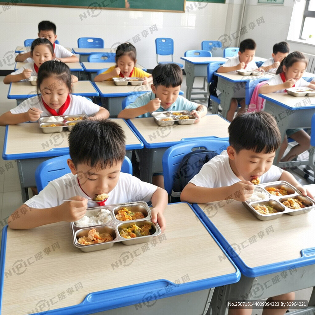 一群小学生们用不锈钢餐盘在教室