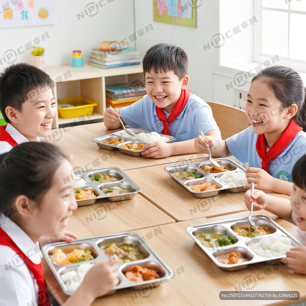 一群小学生们用不锈钢餐盘在教室