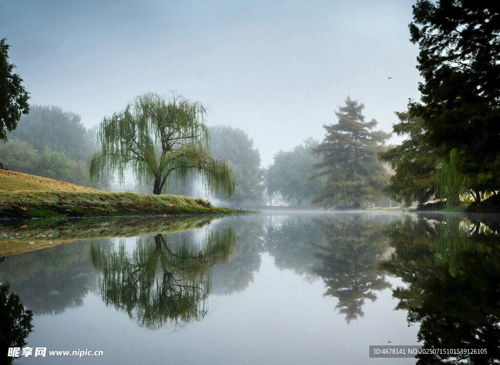 湖畔晨雾中的静谧风景