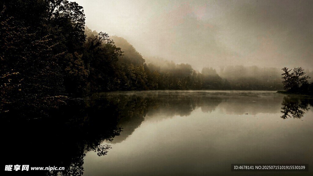 湖畔晨雾中的静谧自然景