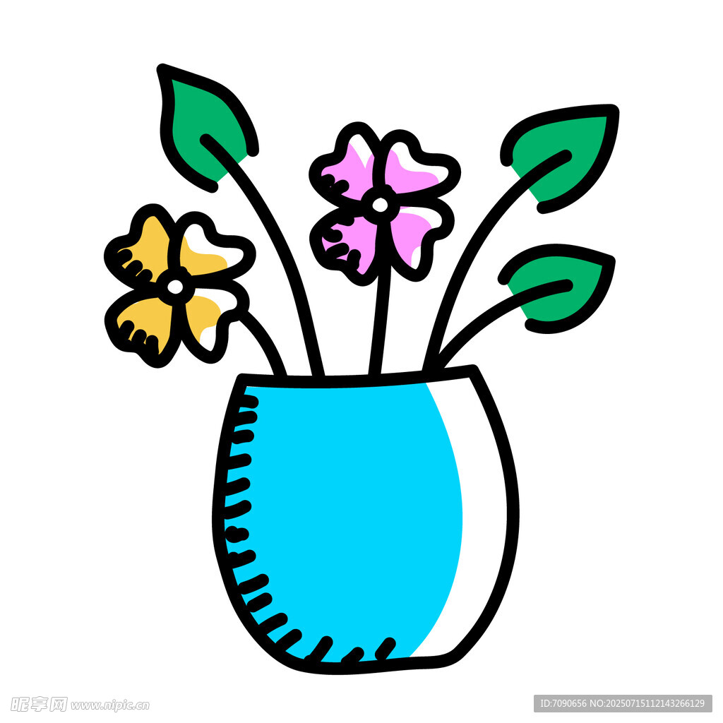 蓝色花瓶插着多彩小花