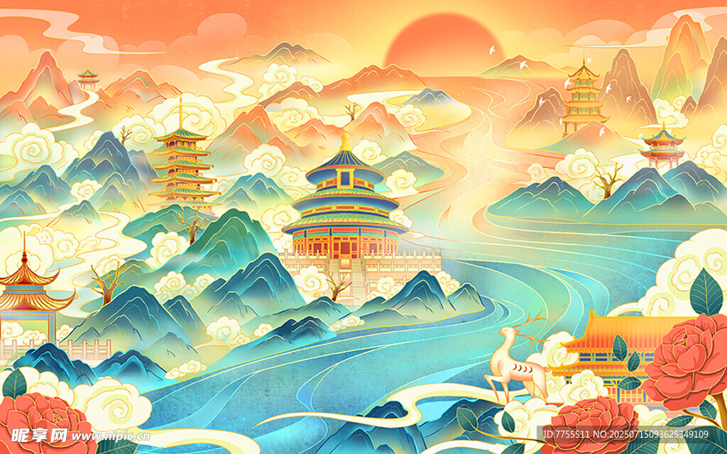 古风山水楼阁日出美景