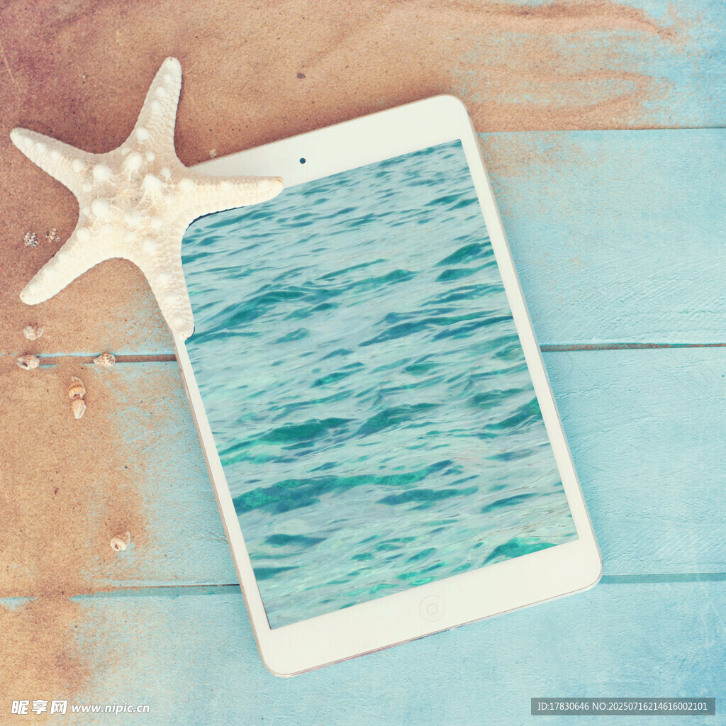 平板与海星的海滨风情