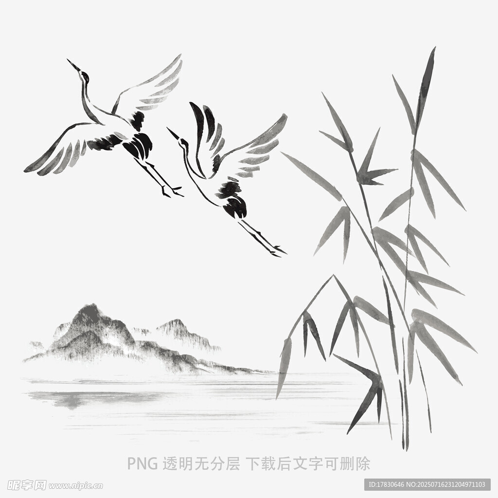 水墨仙鹤伴竹图