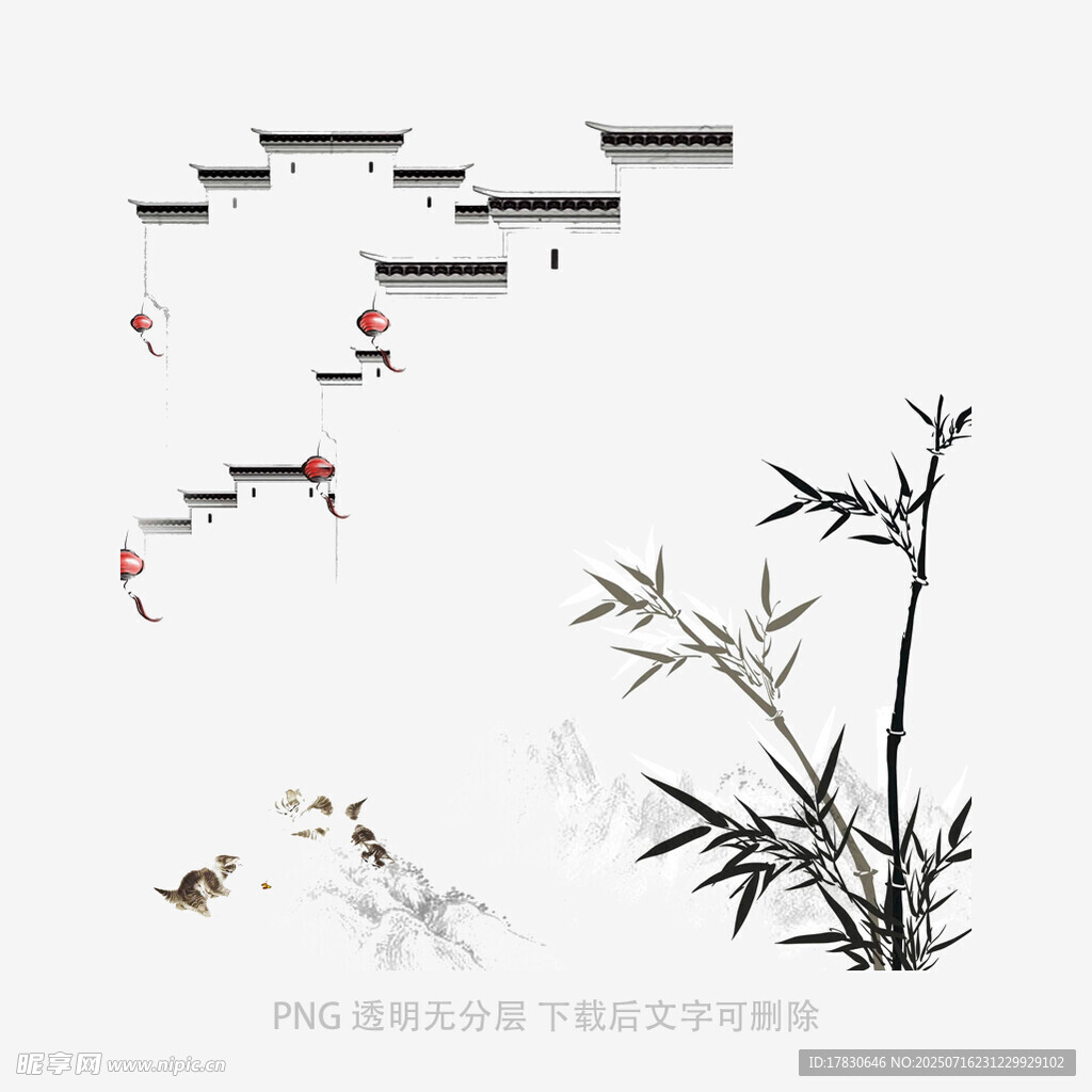 水墨风竹景与游鱼装饰画