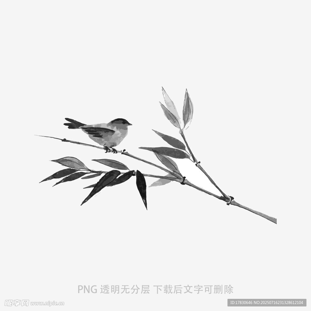 水墨竹枝上的小鸟